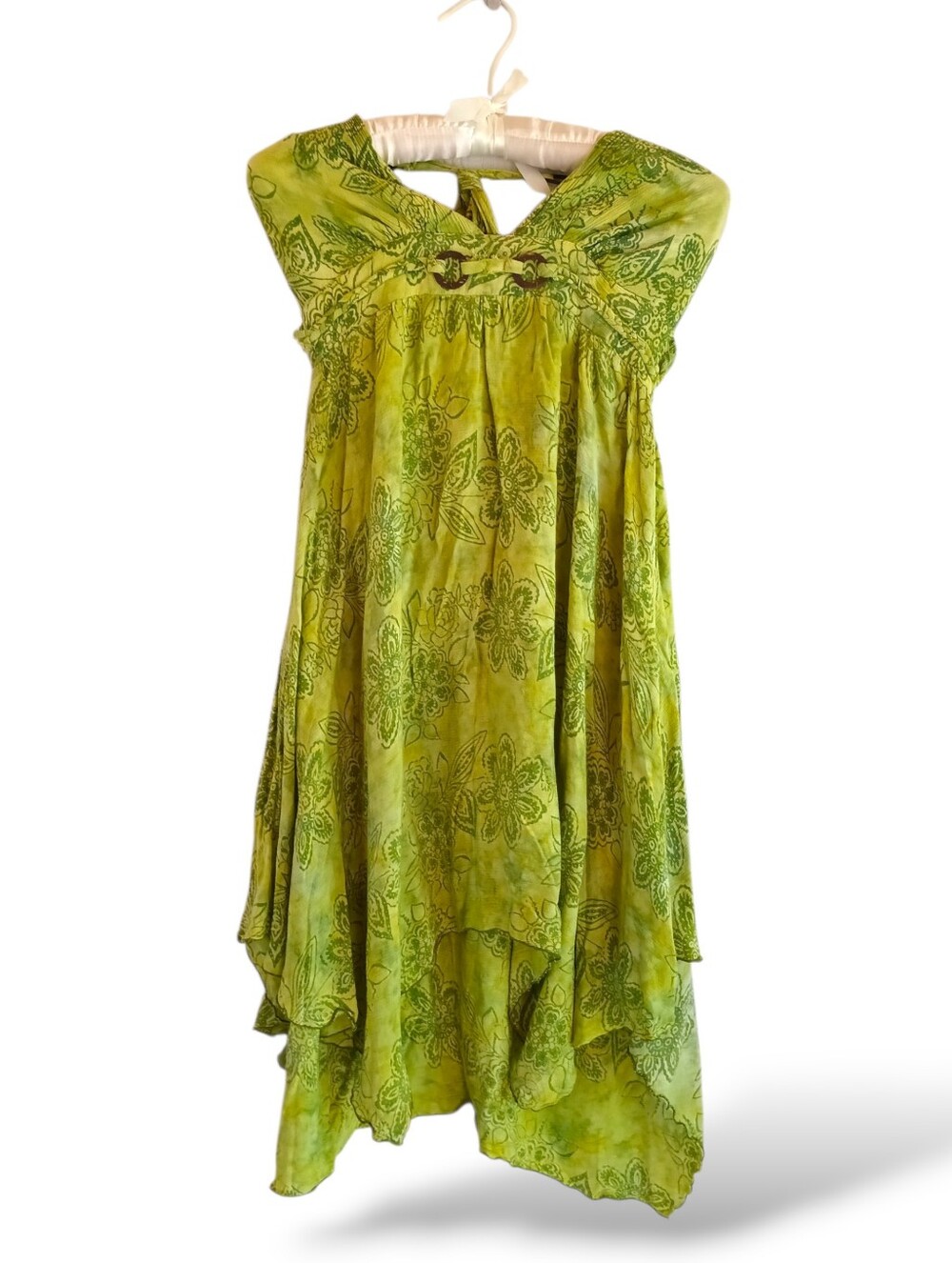 Green Batik Halter Dress Floral Knee Length Tie Dye Flowy Hippy Rotcore Distress